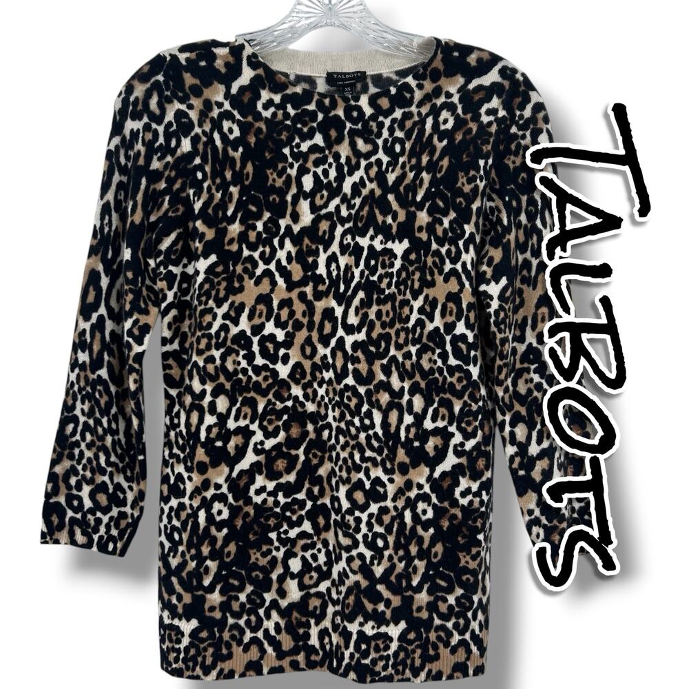 Talbots Audrey Cashmere Sweater XS Leopard Animal Print 3/4 Sleeve Mob Wife